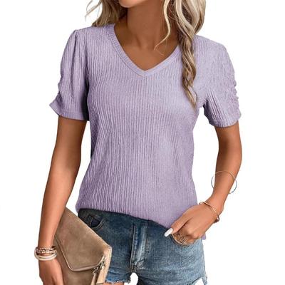 Neues Damen-Oberteil mit V-Ausschnitt und Puffärmeln, einfarbiges, strukturiertes Strickshirt