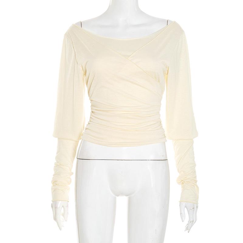 Q25TP254 Versatile Low-Neck Lantern Sleeve Ruched Short T-Shirt for Summer and Autumn