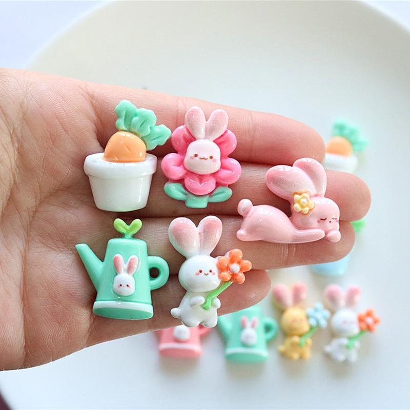 10 Pcs New Cute Cartoon Rabbit Flower Series Flat Back Resin Scrapbooking DIY Jewelry Hairpin Craft Decoration Accessorie
