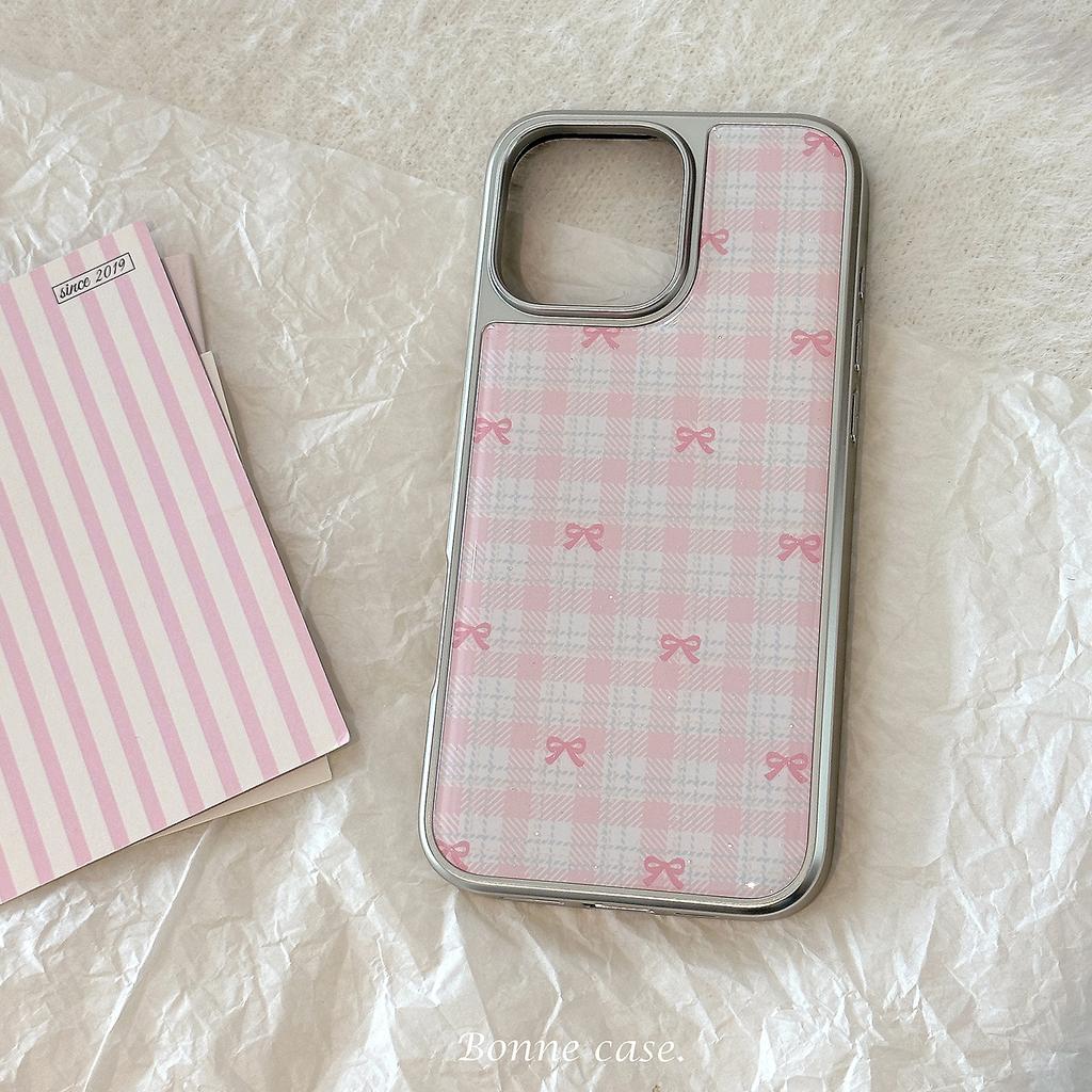 INS Korean Pink Blue Bowknot Grid Pattern Drop Glue Silver Phone Case for iPhone 17 16Promax 15 14 13 12 11 Anti Drop Soft Cover