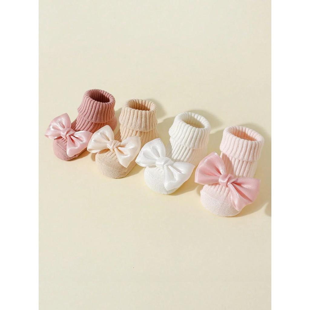 4 Pairs Toddler Socks with Bows, Soft Cotton Cute Ankle Socks for Infants Girls, Fashion Anty-Slip Newborn Baby Socks 0-24 Months