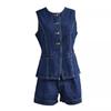 Spring/Summer Fashionable and Casual Sleeveless High - Waisted Denim Set for Women - Button - Down Sleeveless Vest with Pockets + Shorts