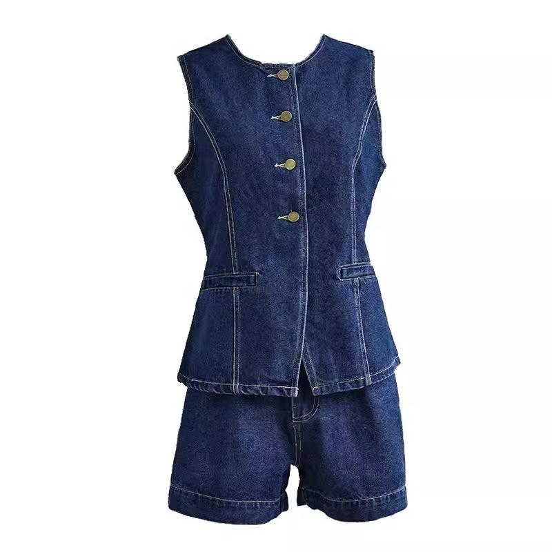 Spring/Summer Fashionable and Casual Sleeveless High - Waisted Denim Set for Women - Button - Down Sleeveless Vest with Pockets + Shorts