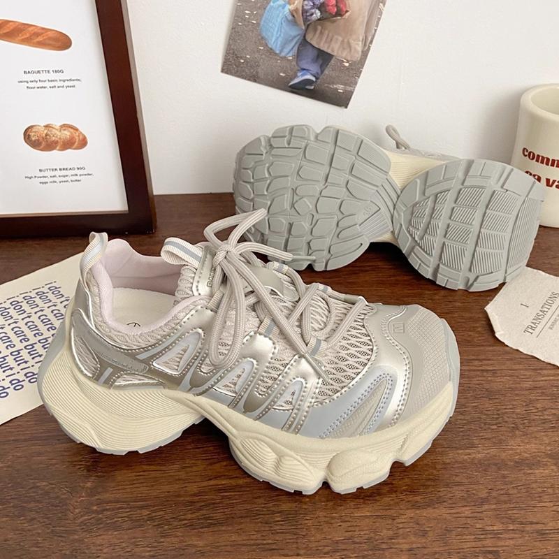 Breathable Mesh Thick Bottom Sneakers Women 2025 Autumn Chunky Platform Medium Heel Sneakers Comfort Soft Lace Up Running Shoes