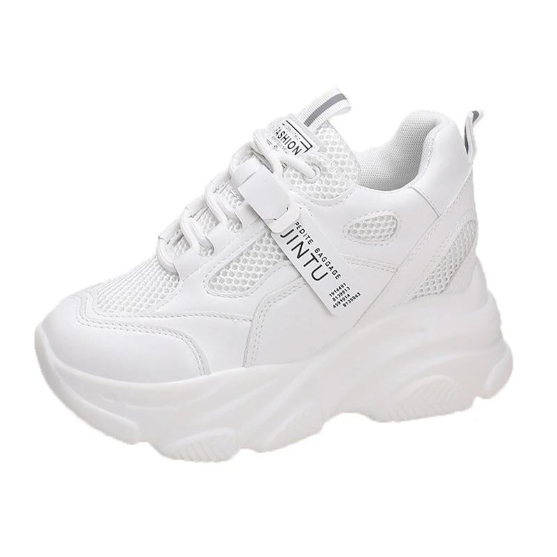 

Женские массивные сетчатые кроссовки на платформе, женские тренировочные кроссовки на танкетке 9 см, повседневная обувь, дизайнерские, осенние, на шнуровке, дышащие, кроссовки «папа», женские 39 белый