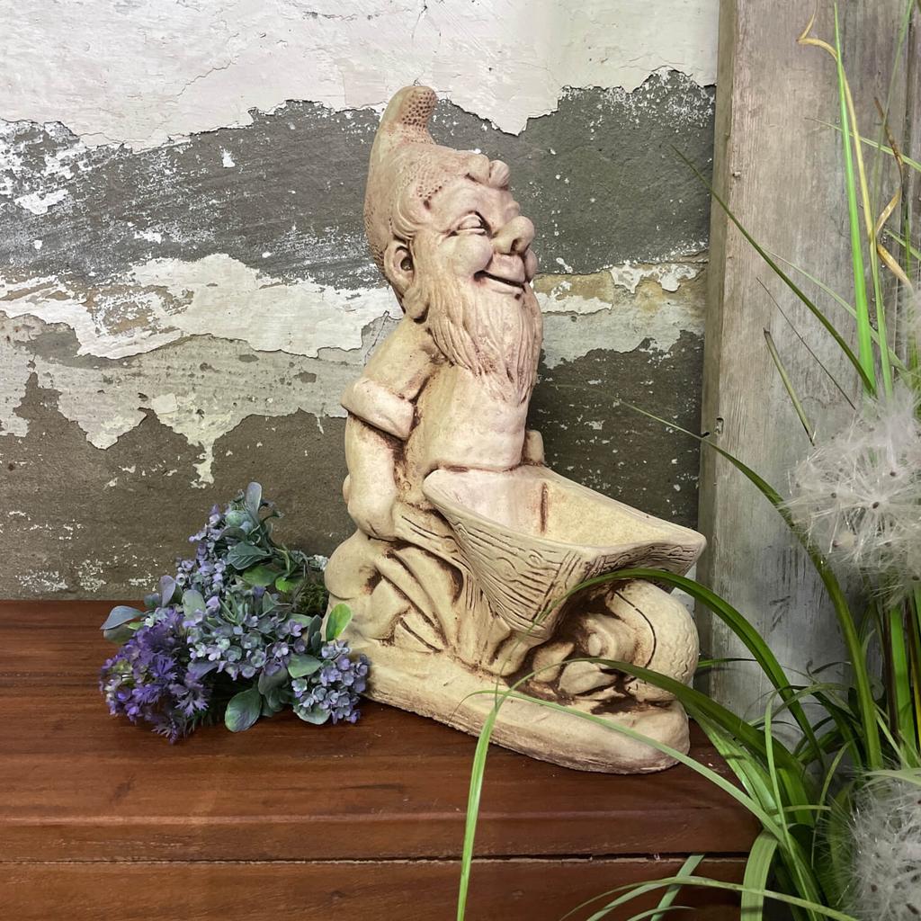 Garden Figure Dwarf with a Wheelbarrow Hand-made of Concrete