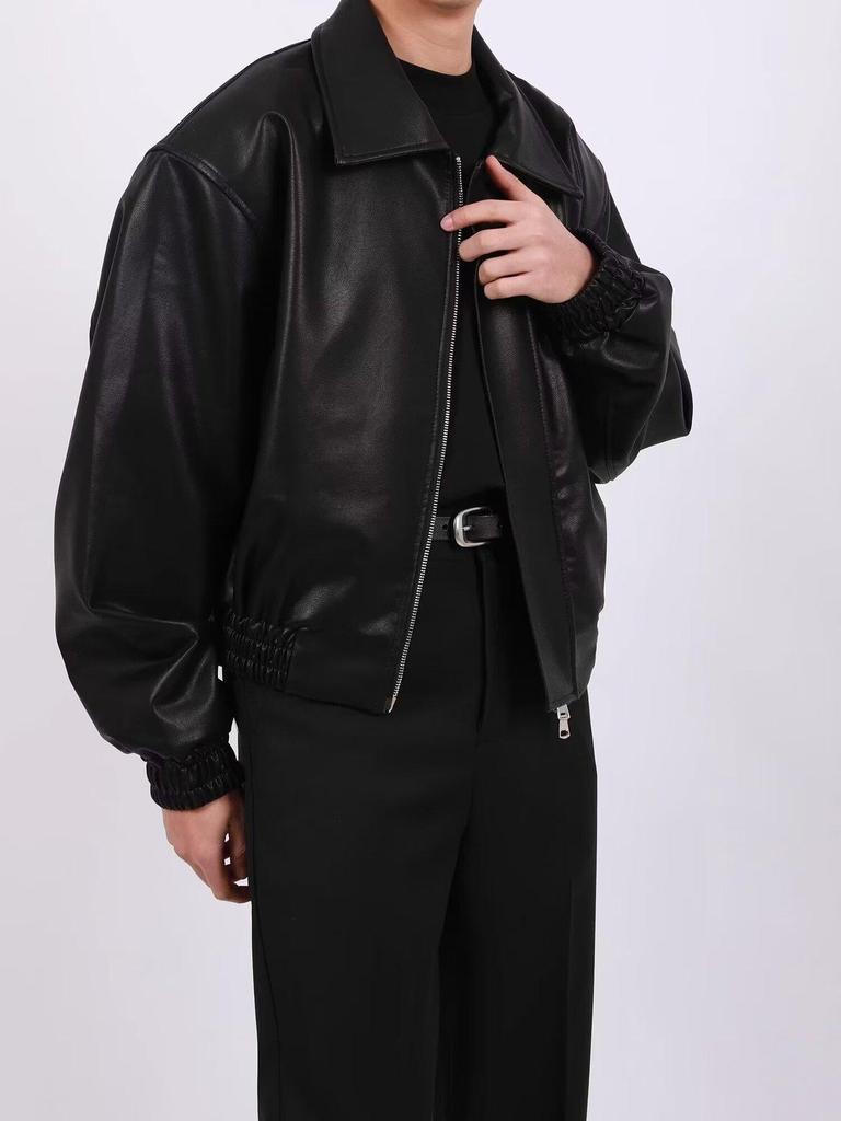 Men's American Retro Cleanfit Leather Jacket - Autumn/Winter Solid Color Loose Fit Cotton Trend