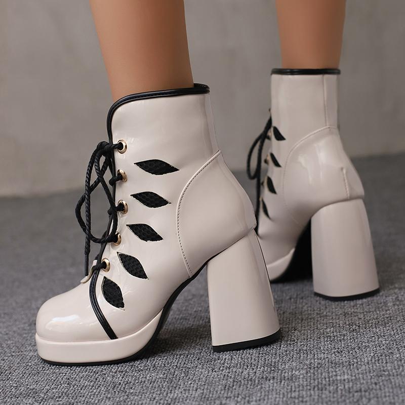 Glänzendes Lackleder Splicing Mesh Runde Zehenpartie Plateau Super Dicker Absatz Bonbonfarbene Kurze Stiefel Atmungsaktives Innenmaterial Schnürstiefel