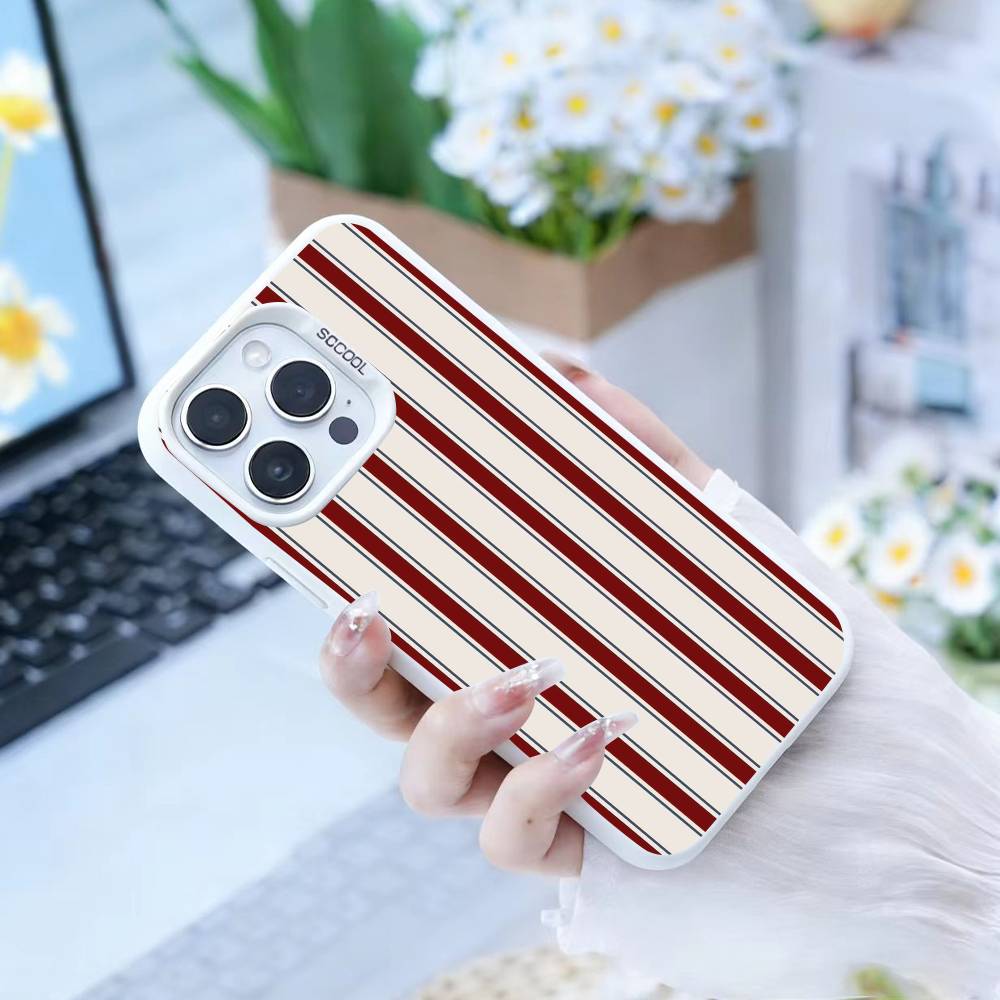 Burgundy White Stripe  Phone Case For iPhone17, 16,15,14,13,12 Pro Max white Candy Matte Shockproof Cover iPhone16promax