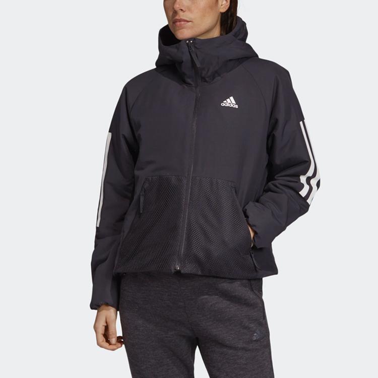 Adidas Logo Letter Print Warm Outdoor Sports Casual Hooded Cotton Jacket Women Jacket Black DZ1518