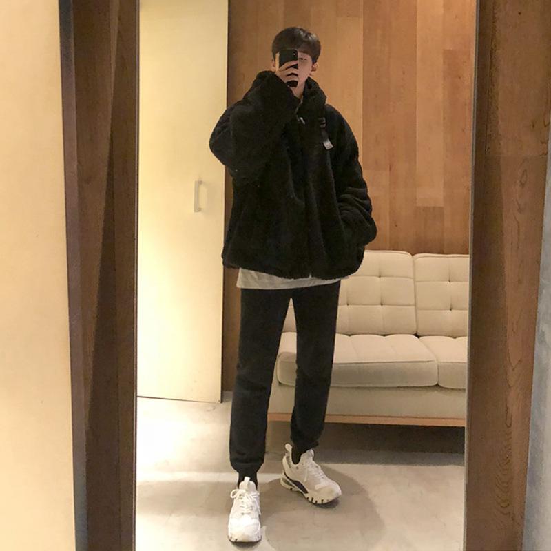 Korean Style Lamb Wool Jacket Men's Loose Jacket Student Teenagers Cotton-padded Jacket Velvet Thickened Cotton-padded Jacket
