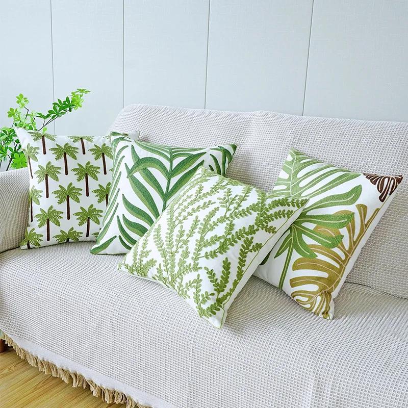 45x45cm Nordic Green Plants Embroidered Pillow Cover Pillowcases Leaf Cushion Cover Decorative for Sofa Bedroom Home Decor