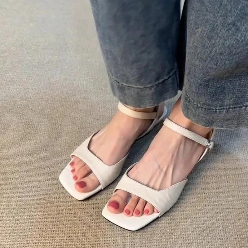 Fashion French Vintage Simple One-word Buckle Sandals Women's 2025 Summer New Versatile Low Heel Shoes
