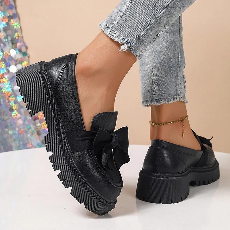 Spring Bowknot Platform Loafers Women Black Faux Leather Slip On Flats Shoes Woman College Style Thick Sole Dress Shoes Size 42