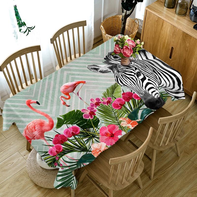 Flamingo And Green Jungle Pattern Tablecloth Dustproof Washable Cloth Thicken Cotton Rectangular And Round Table Cloth