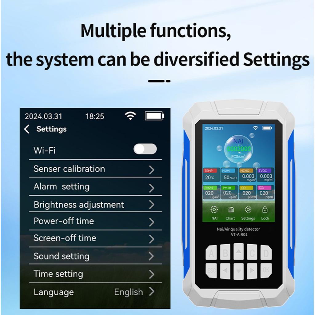 Air Quality Detector Ionizer Meter Alarm Function Portable Air Tester with Negative Ion Concentration/Temperature/Humidity/VOC/P
