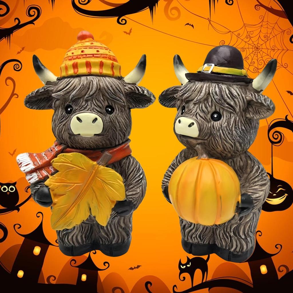 2 Pieces Halloween Fall Highland Cow Decorations Rustic resin Highland Cattle Figurines With Pumpkin For Thanksgiving Decor