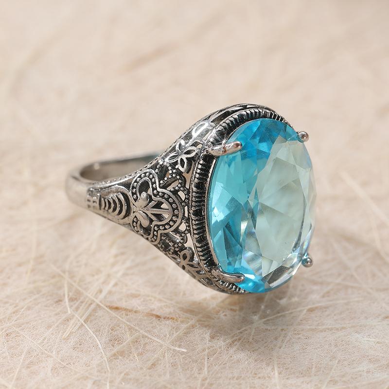 Dazzling CopperColor Inlaid Sea Blue CZ Women's Ring Geometry Daily Wear Party Jewelry