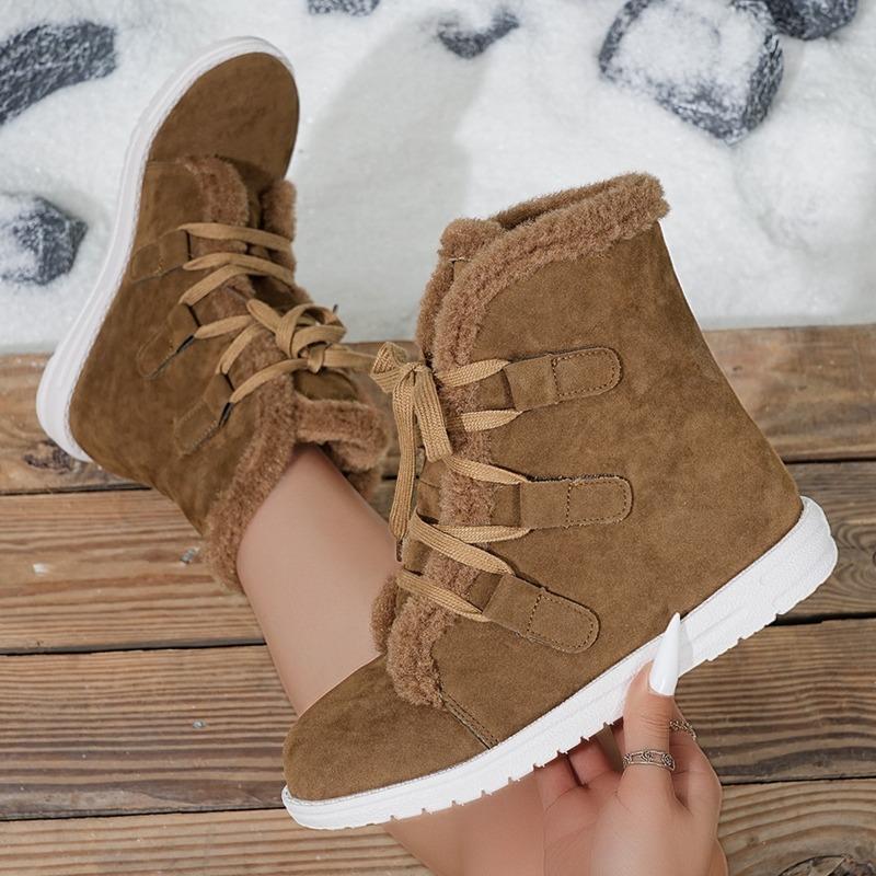 2025 Winter New Lace-up Warm Cotton Shoes Women's Flat Fleece Thickened Plus Size Snow Boots