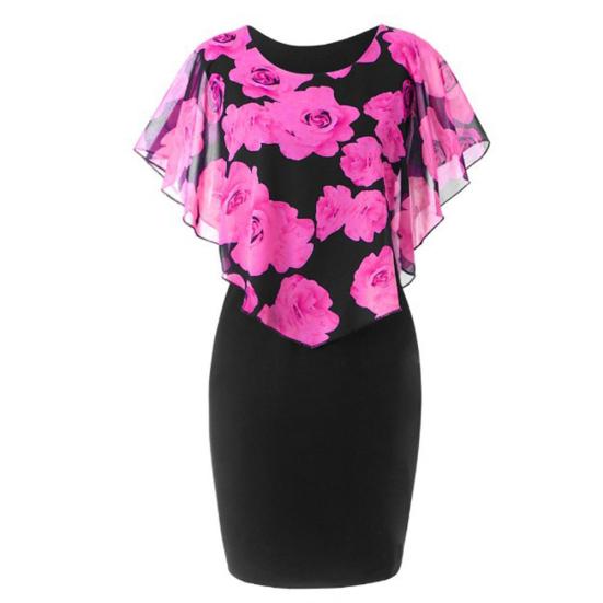 Plus Size Elegant Office Lady Rose Flower Print Cape Bodycon Knee Length Dress