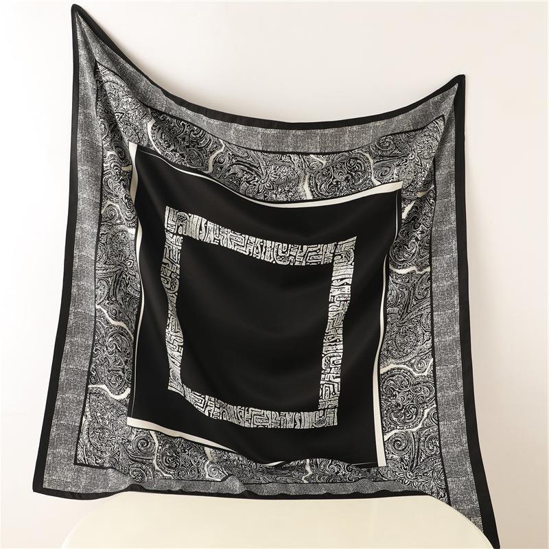 European and American Retro Printed Silk Scarf Twill Silk Large Square Scarf Travel Sunscreen Shawl Cashew Simple Scarf Autumn and Winter Women