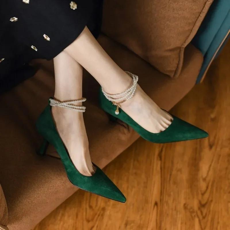 Fashion French Retro High Heels Shoes Spring/Autumn New Pointed Thin Heels Pearl Slip-On Design Pumps Office & Career Work Shoe
