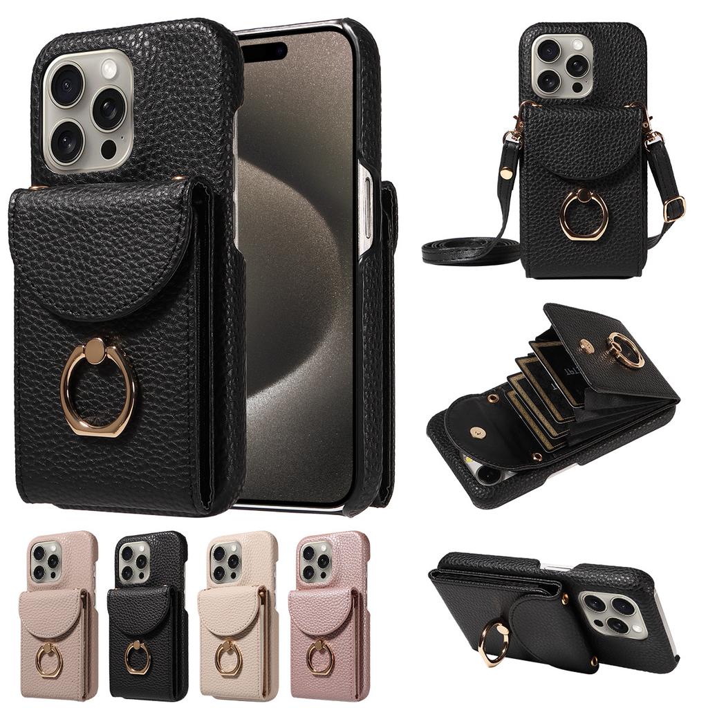 Litchi Texture Wallet Case for iPhone 16 Pro Max/15 Plus, Rugged Shockproof Cover with Card Holder & Ring Kickstand, Heavy Duty Protective Case
