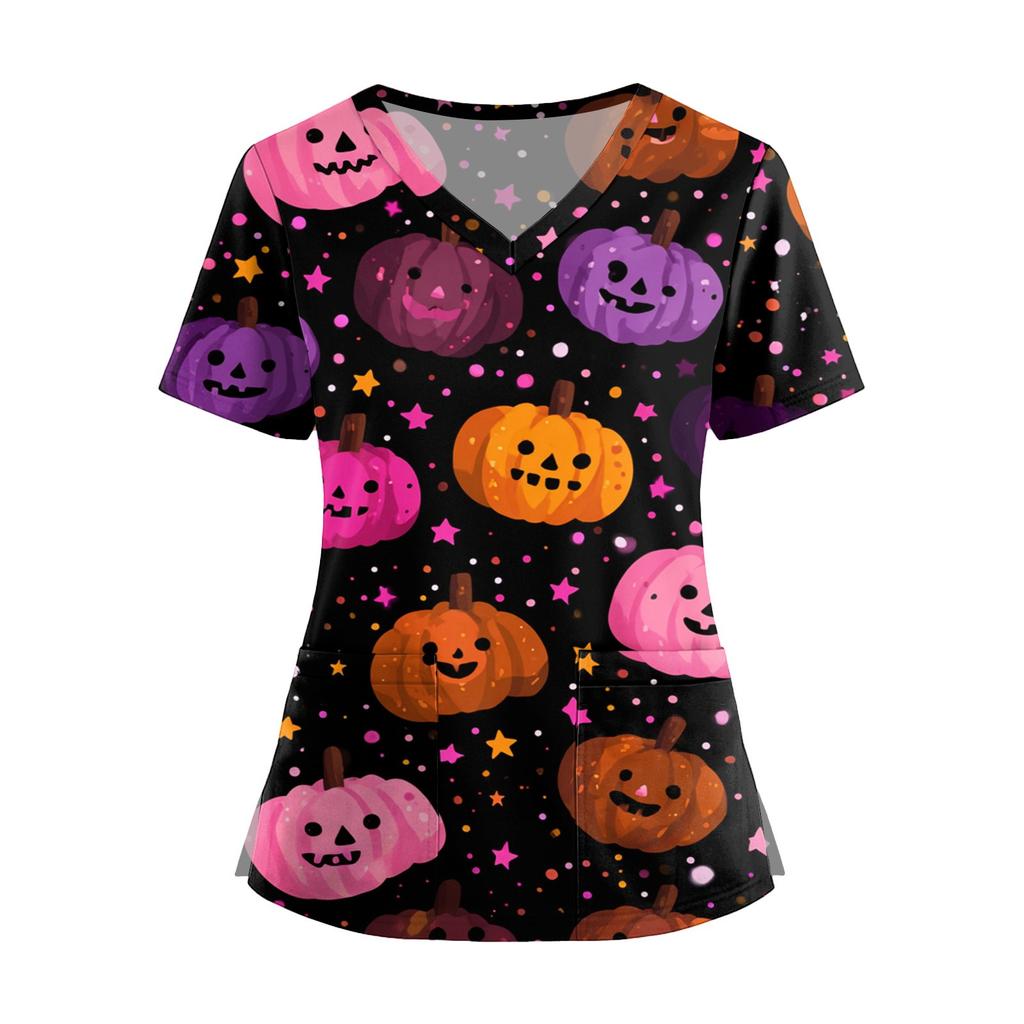 Damenmode V-Ausschnitt Kurzarm Overalls mit Taschen Print Tops Kleidung