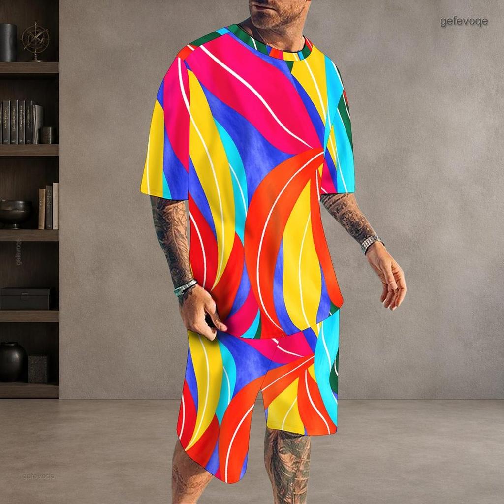 Men Plus Size Colorful Printed Round Neck Short Sleeve Top And Pocket Shorts Two Piece Set