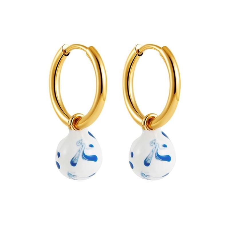 User Friendly Ceramic Ear Clip Blue Floral Pattern Dangle Earring Sturdy Copper Material Office And Casual Accessory