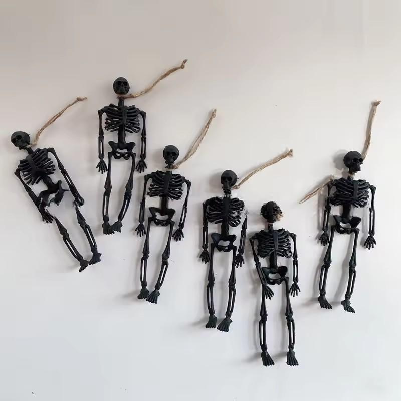 

6Pcs Halloween Hanging Skeleton with Rope Halloween Party Plastic Skull Decoration for Home Garden Haunted House Props Kids Toy 6pcs чорний