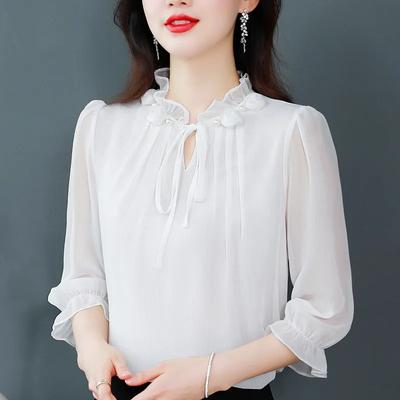 Damen Sommer Dreiviertelarm Chiffonhemd Einfarbig Temperamentvolles Design Bindebluse