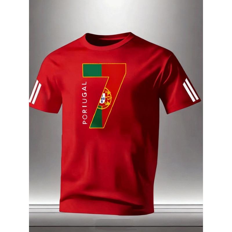 Short-sleeved Round Neck Fashionable and Casual Portuguese No. 7 Graphic Printed T-shirt, Adult Men's Daily Casual Sportswear