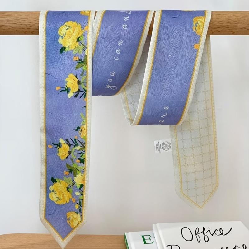 Soft Twill Satined Flower Pattern Neck Scarf Elegant Long Scarf Bag and Hair Tie for Stylish Women Daily Wear
