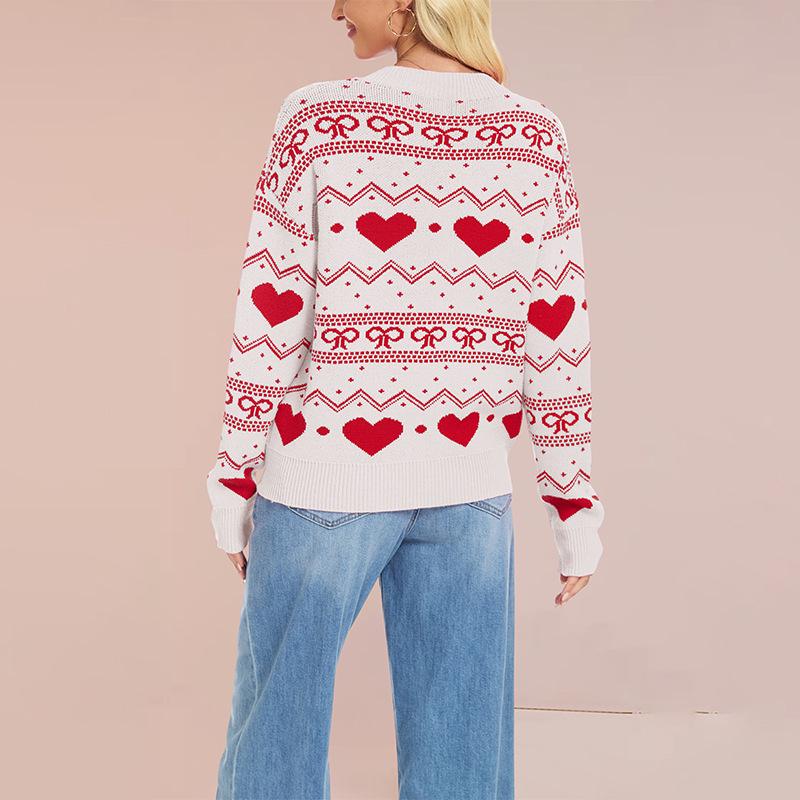 European & American Style Valentine's Heart Pattern Women's Casual Long Sleeve Knit Sweater