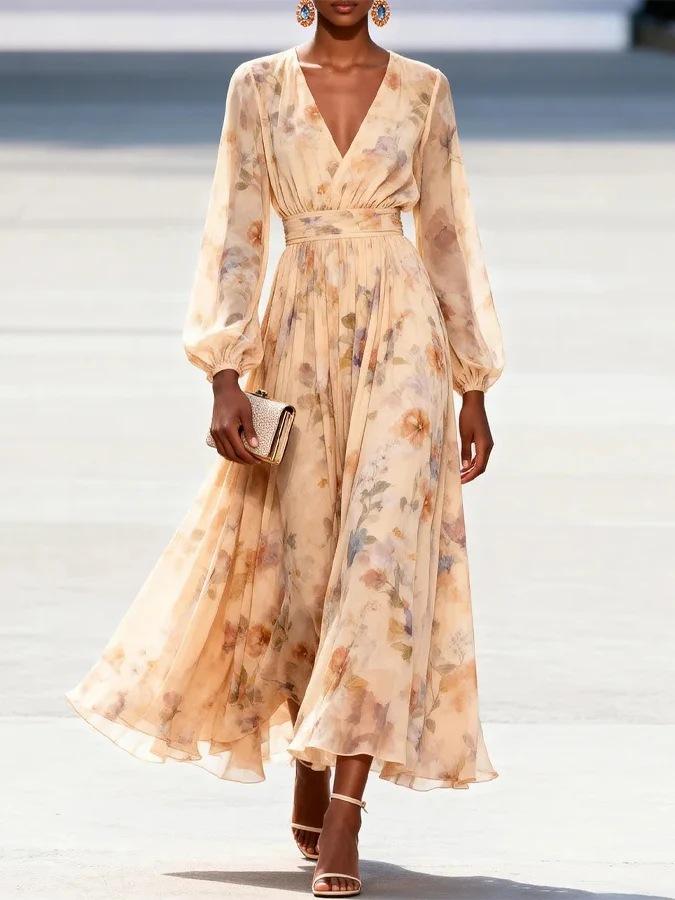 2026 spring new European and American women s clothing printed V-neck waist long dress lantern sleeve chiffon dress S
