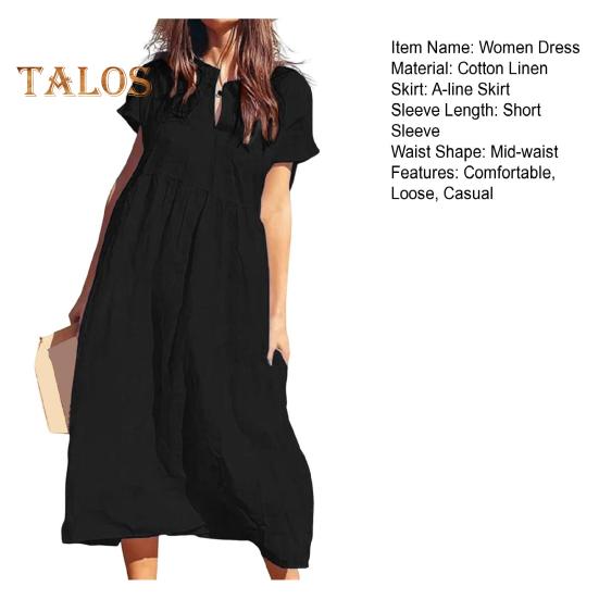 Women's Cotton Linen Maxi Dress Casual Short Sleeve V-Neck Sundress Loose Beach Pleated Long Dress for Summer Vacation