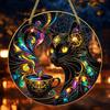 Stylish Cat Hanging Sign Moon Halloween Window Decor, Mystical Black Round Modern Room Decor for Indoor Outdoor Wall Art, Gothic Home Porch