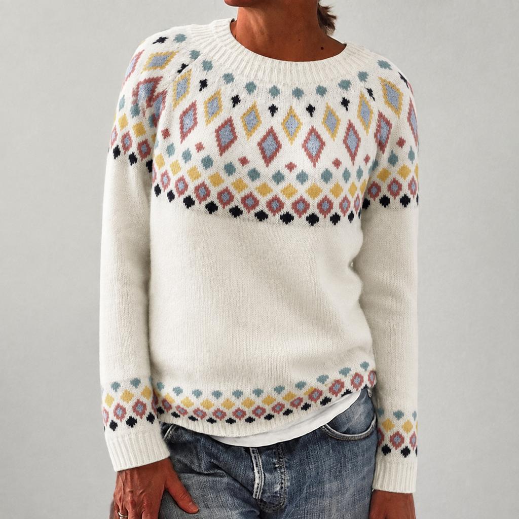 Women's Round Neck Geometric Color Block Loose Fit Pullover Sweater