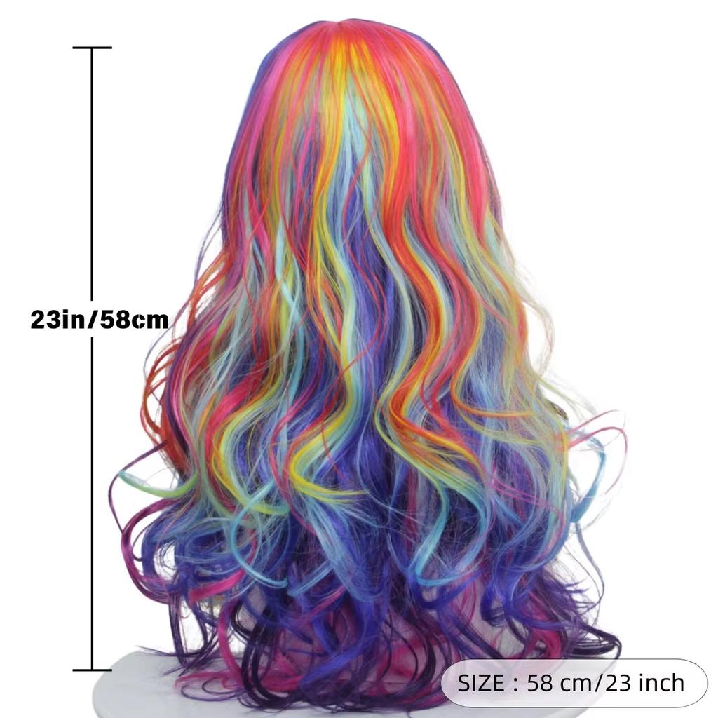 Fashion Rainbow Color Wave Long Curly Hair Fiber Synthetic Wig Anime Party Holiday Cosplay