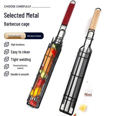 Iron Stainless Steel BBQ Grilling Basket with Wooden Handle