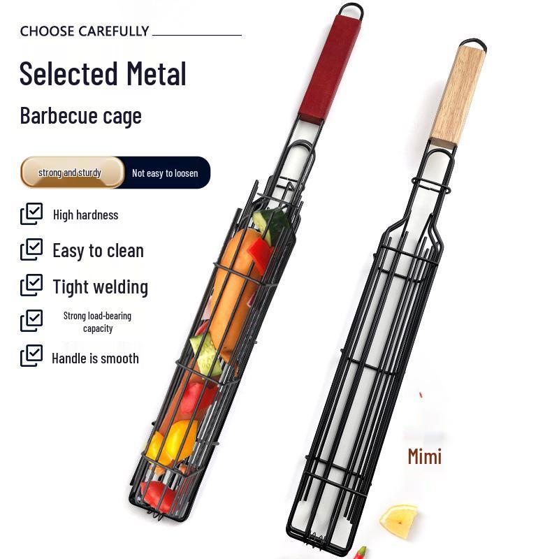 Iron Stainless Steel BBQ Grilling Basket with Wooden Handle