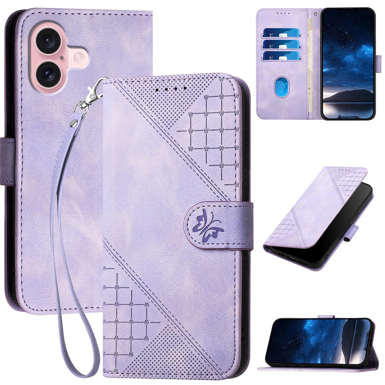 

For iPhone 16 Leather Wallet Case Butterfly Flower Imprinted Phone Cover with Strap C