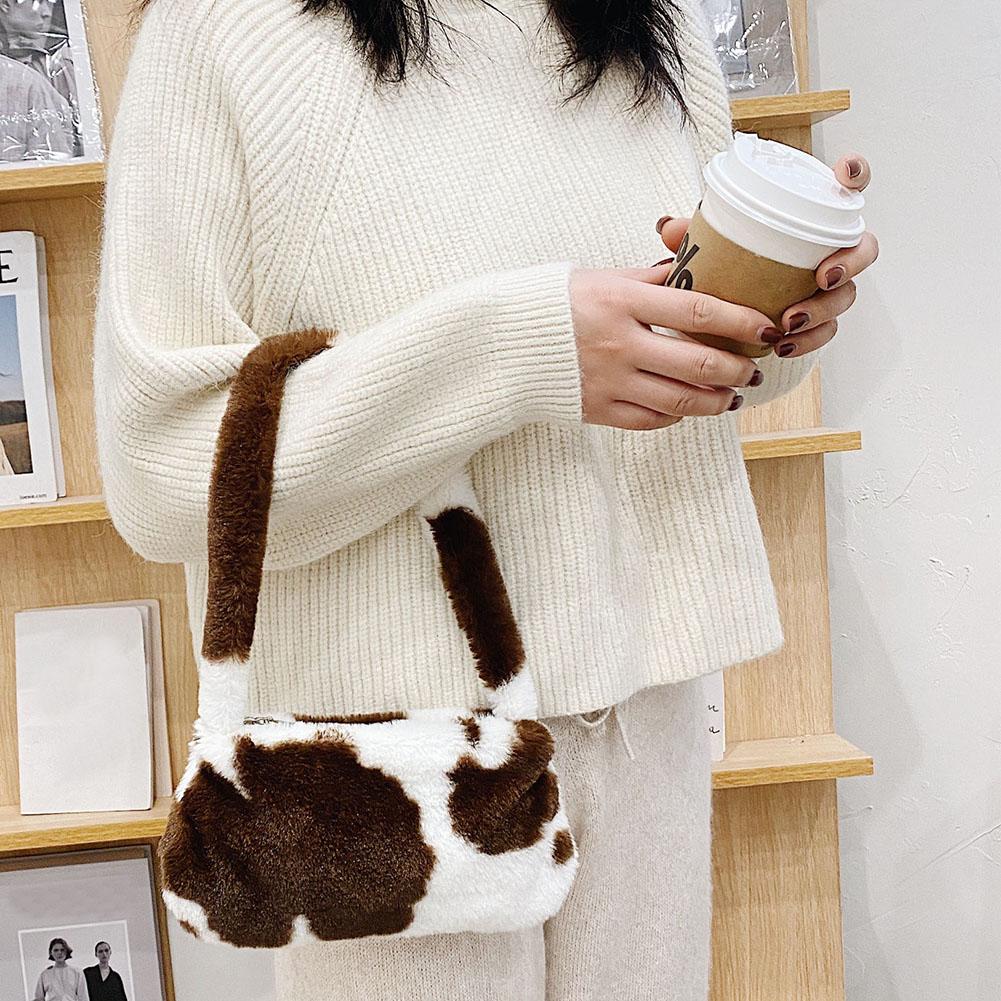 Retro Animal Pattern Underarm Bag Women Mini Plush Shoulder Handbags Purse