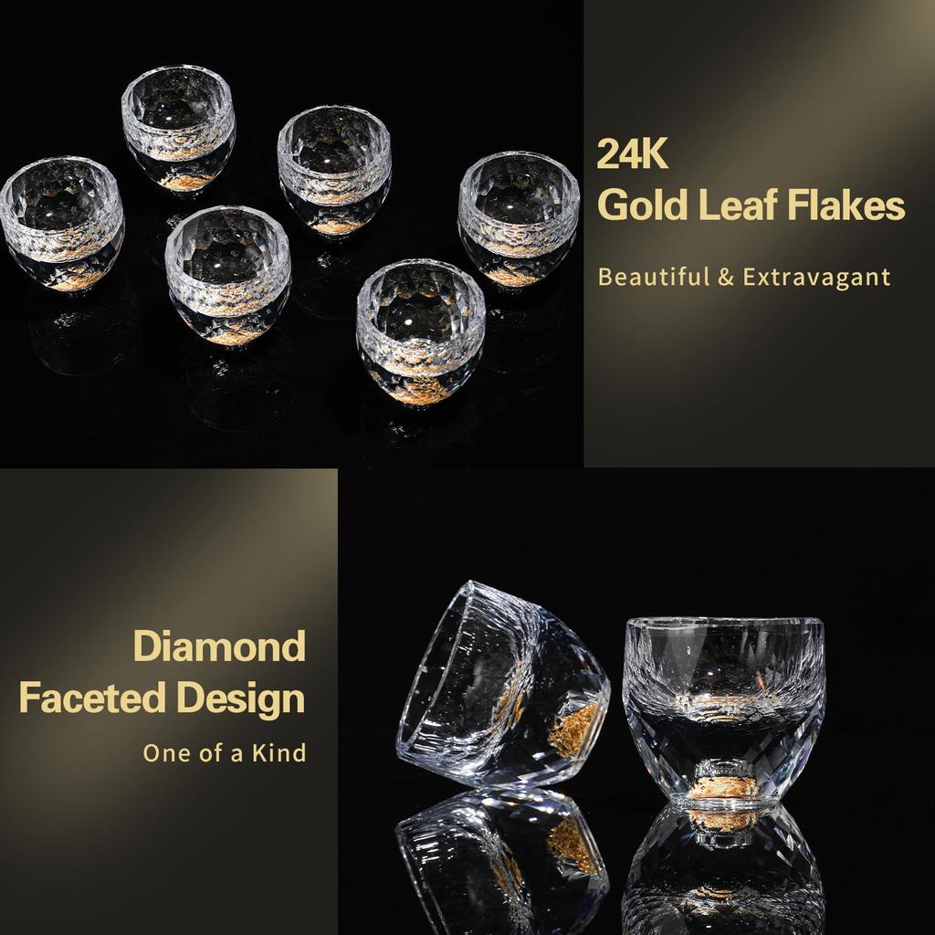Handmade 1.7oz Crystal Shot Glasses/Whiskey Cups with 24K Gold Leaf, BPA & Lead-Free, Perfect for Décor & Gifts