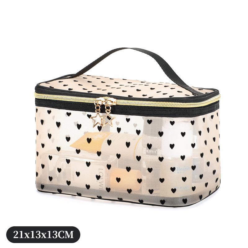 1pc Women Makeup Bag, Mesh Heart Flocked Decor,  Minimalist Mesh Heart Design Large Capacity, For Daily Use & Travel Makeup