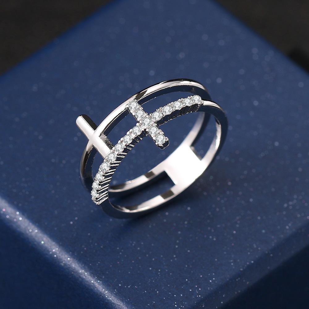 Double Cross Rings for Women Minimalist Cubic Zirconia Rose Gold Finger Accessories Female Jewelry Large Size R758