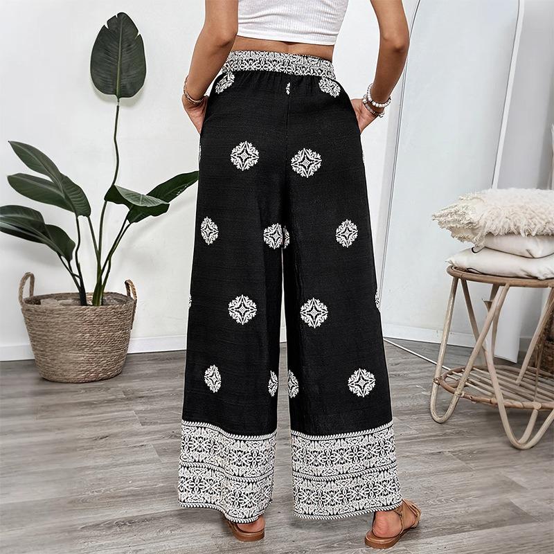 Women's Ethnic Printed Straight Trousers Elastic Waist Drawstring Casual Comfort Straight Pants