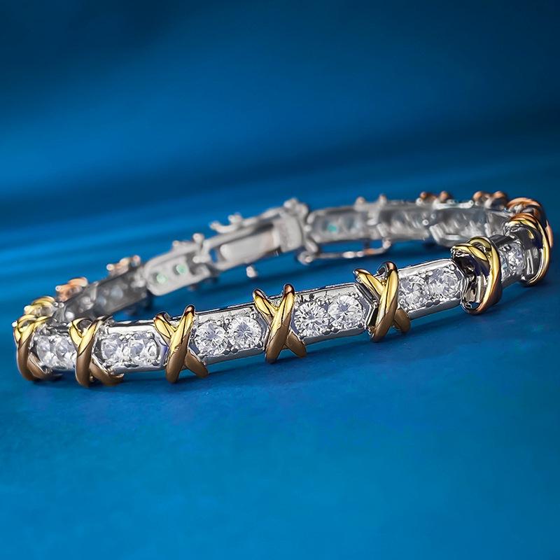 Xiancan Jewelry S925 Silver Gold-Plated XO Diamond Two-Tone Bracelet - Retro European & American Style
