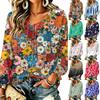 Damen Freizeit Vintage Blumendruck Langarm Rundhals Krawatte Rüsche Pullover Top